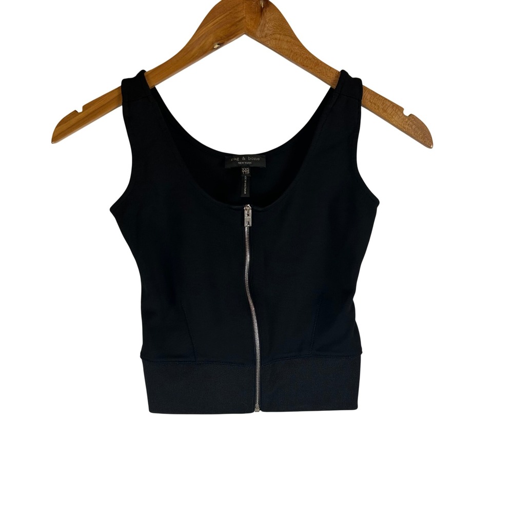 Rag & Bone Womens XXS Black Zip Front Ribbed Hem Ponte Knit Crop Tank Top